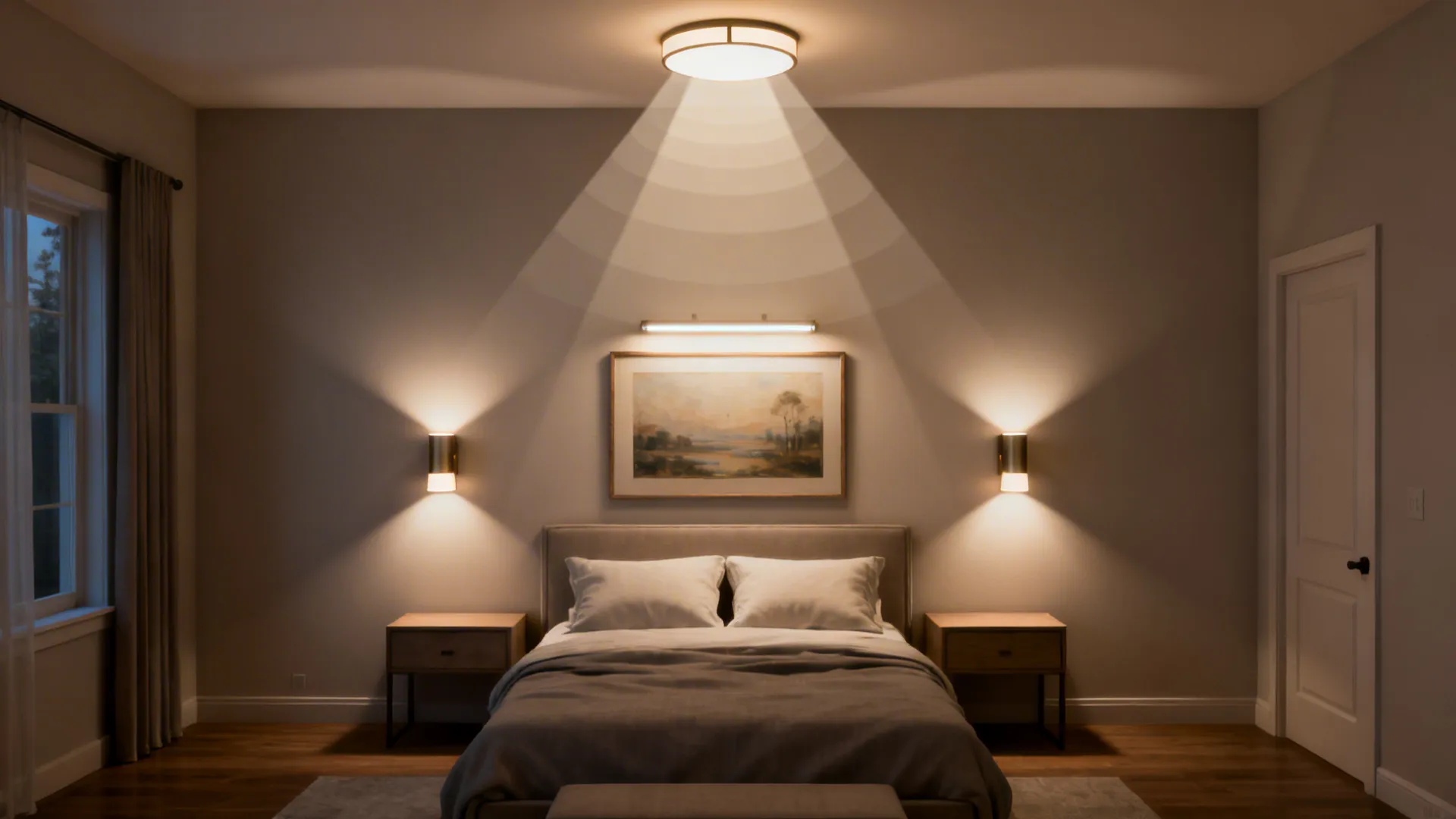 Top-down view of a 10x16 bedroom lighting layout with ambient, task, and accent layers.