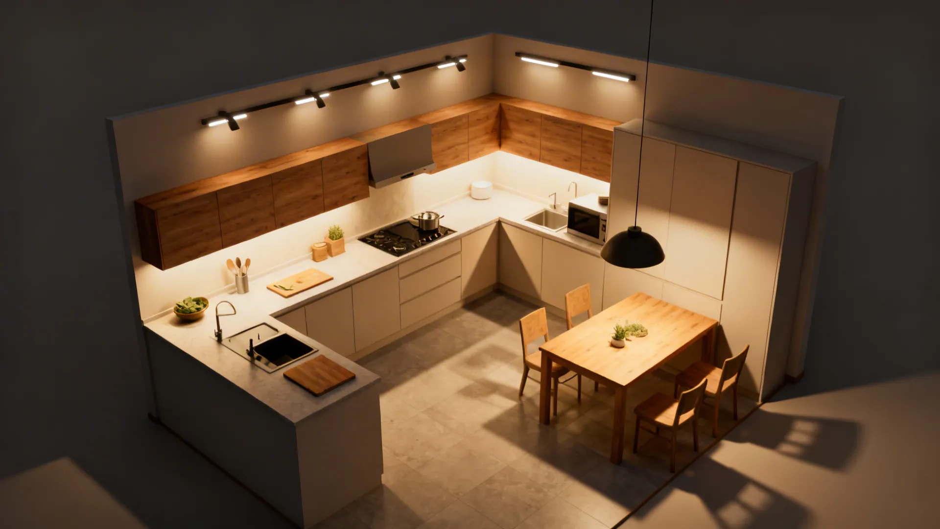 Top-down compact kitchen lighting plan with ambient, task LED strips, and a pendant for layered scenes.