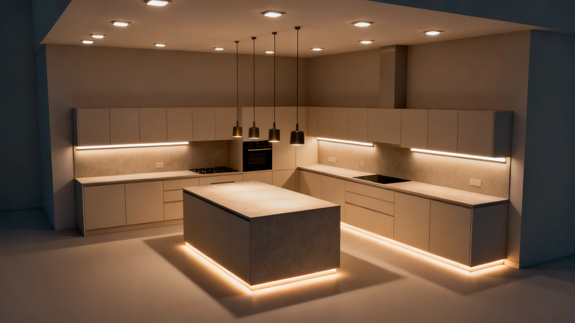 Top-down lighting plan showing ambient, task, pendant, and toe-kick zones in a small kitchen.