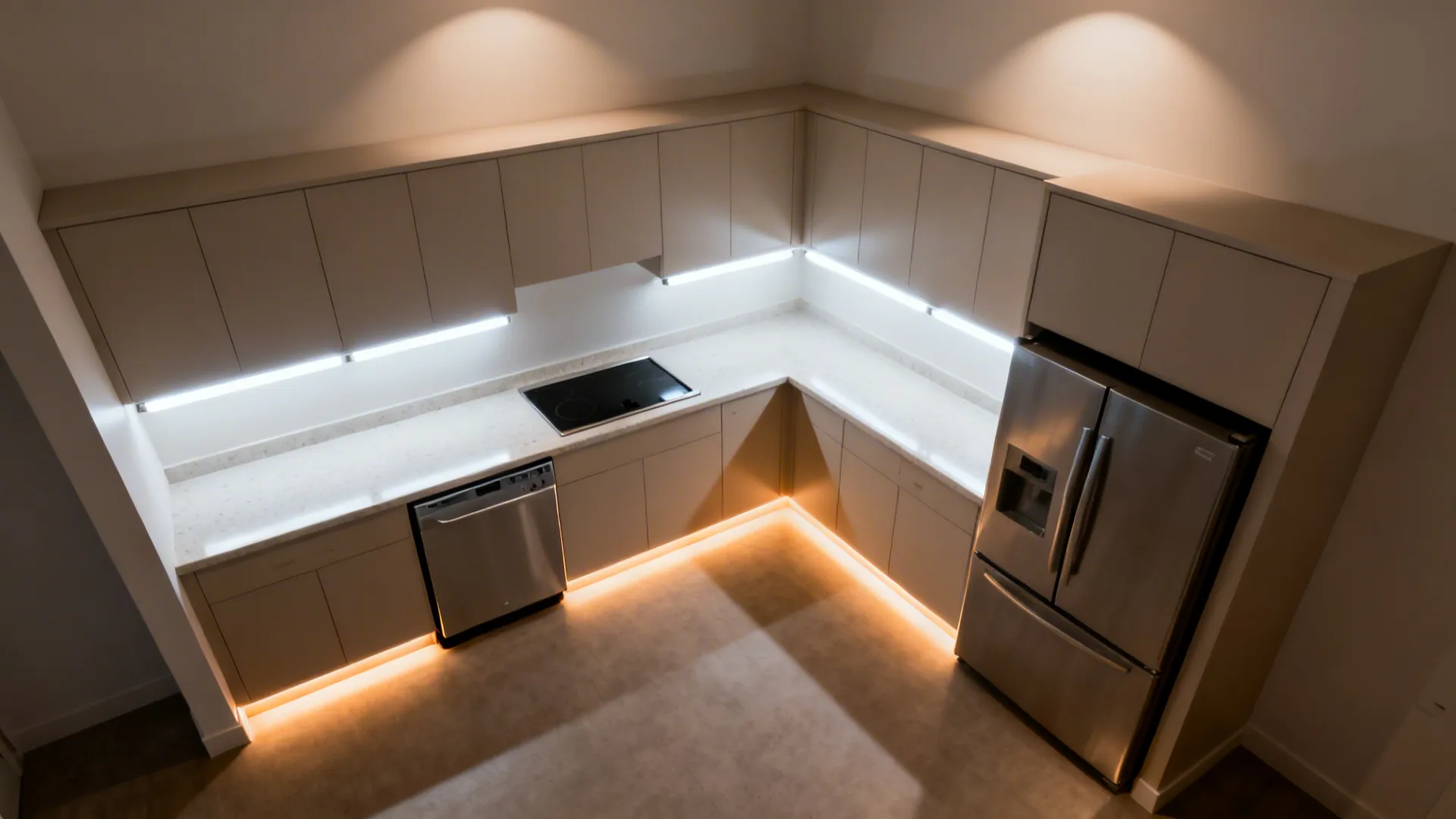 Top-down lighting plan showing under-cabinet, toe-kick, and ceiling wash in a compact kitchen.