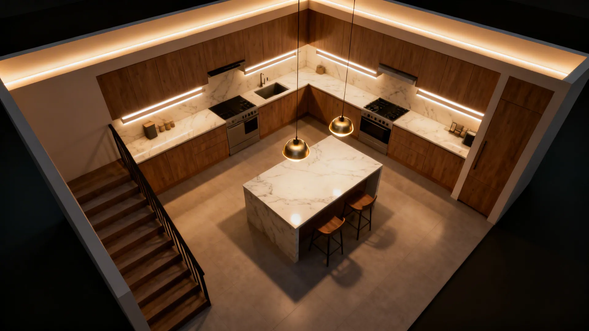 Split-Level Sightlines with Layered Lighting