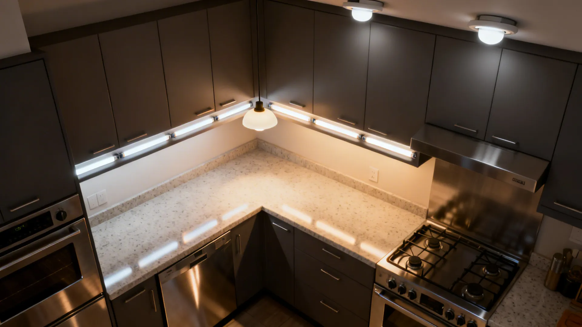Top-down lighting plan showing under-cabinet strips, ambient fixtures, and pendant