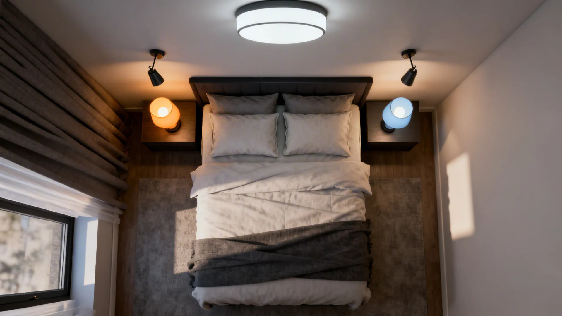 Top-down lighting plan for a small bedroom showing adjustable reading lamps and dimmable overhead light positions.