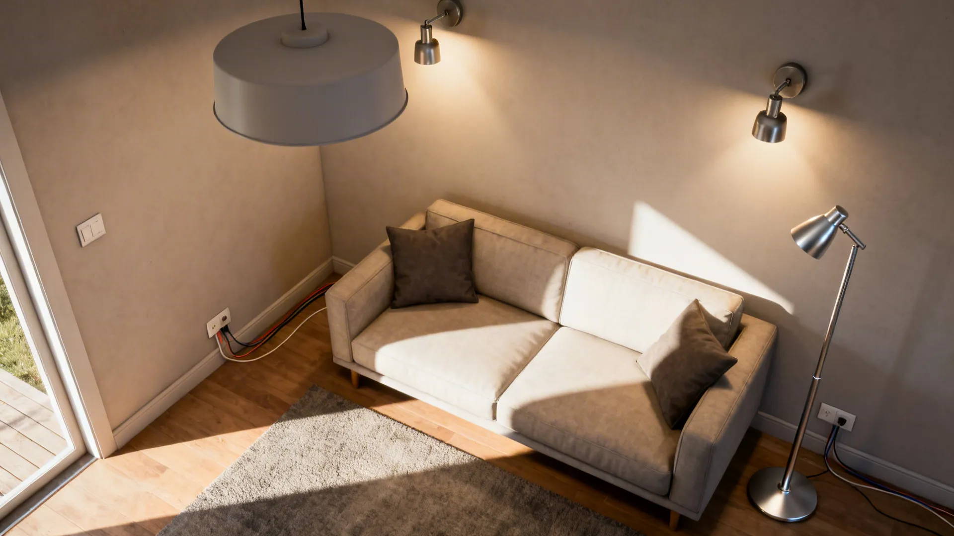 Top-down view of living room lighting plan with pendant, wall sconces and floor lamp
