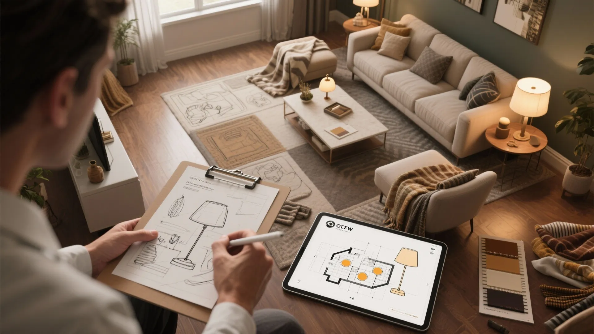 Interior designer sketching a floor plan layout on paper and tablet in a living room