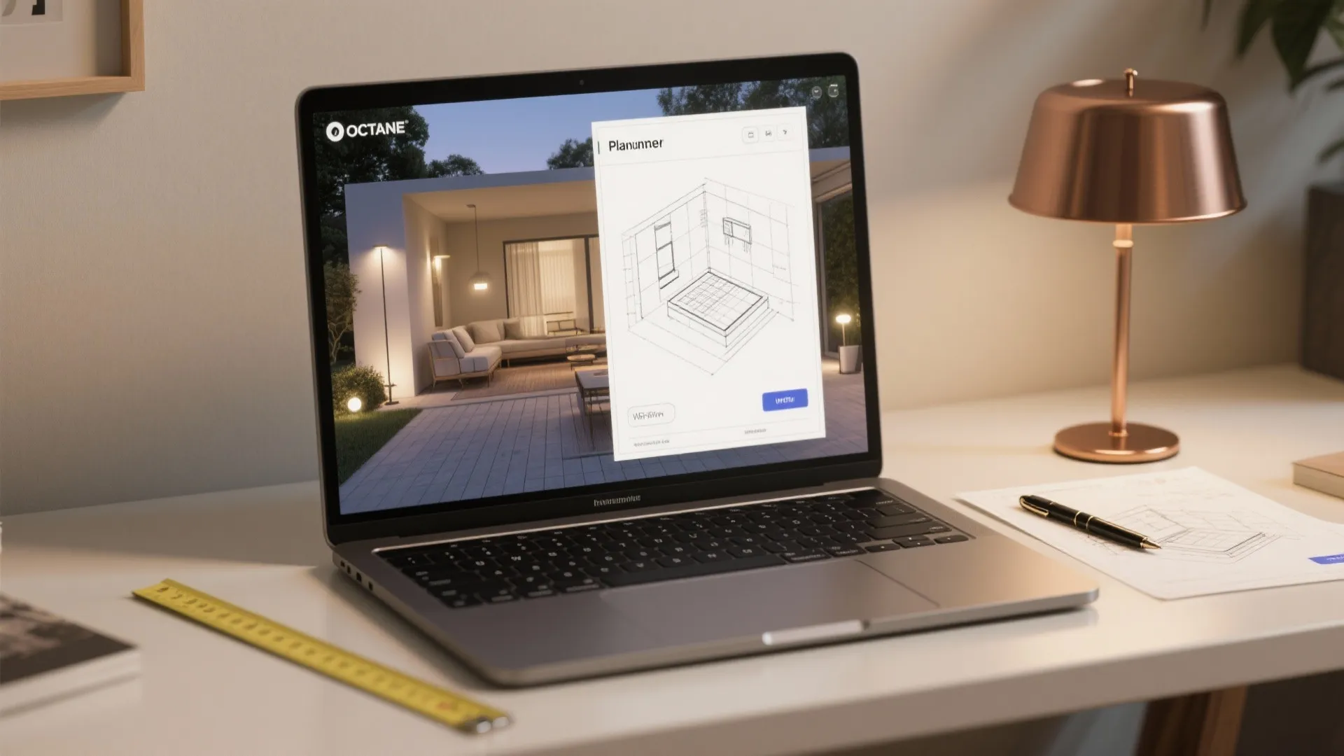 Laptop on desk showing a room layout design tool with a drawing and desk lamp