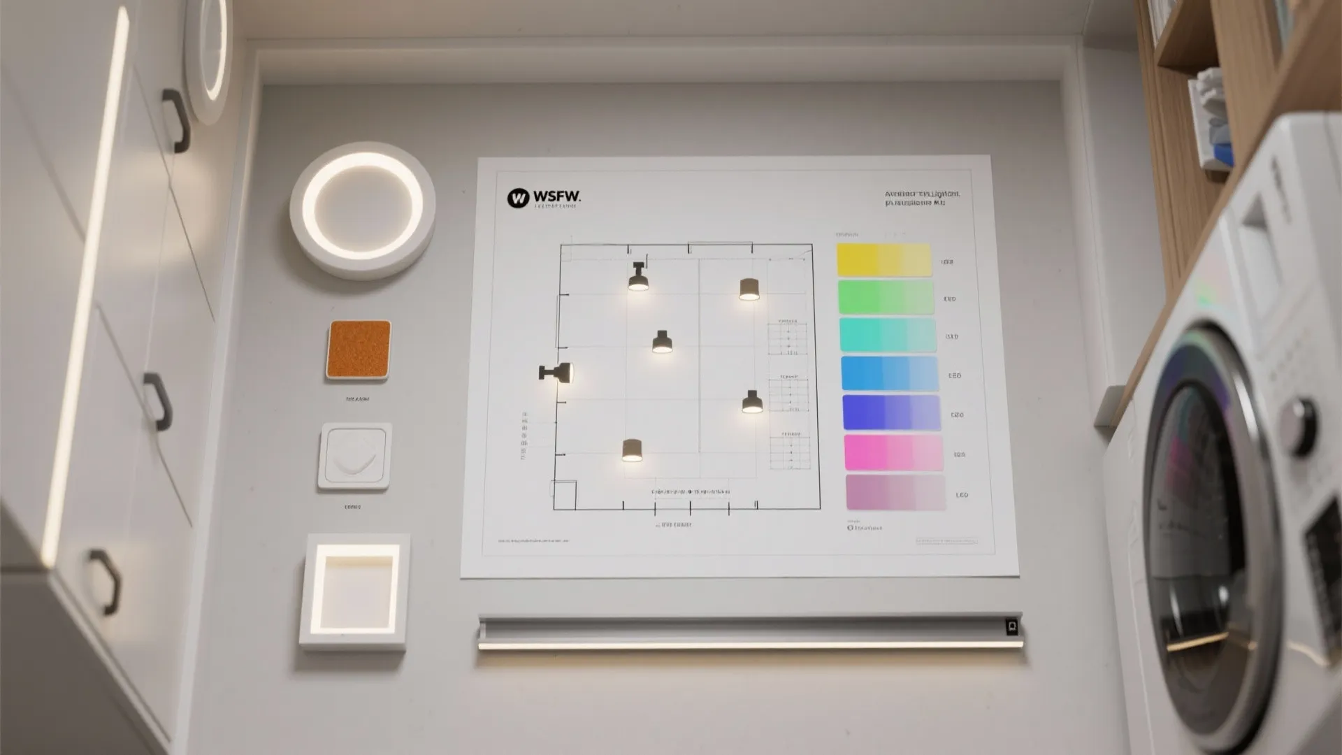 Lighting design planner showing floor plan layout with various light fixtures and colorful light charts