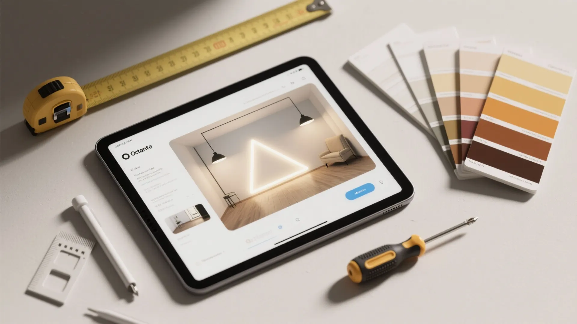 Tablet showing interior design drawing with color samples a tape measure and a small screwdriver