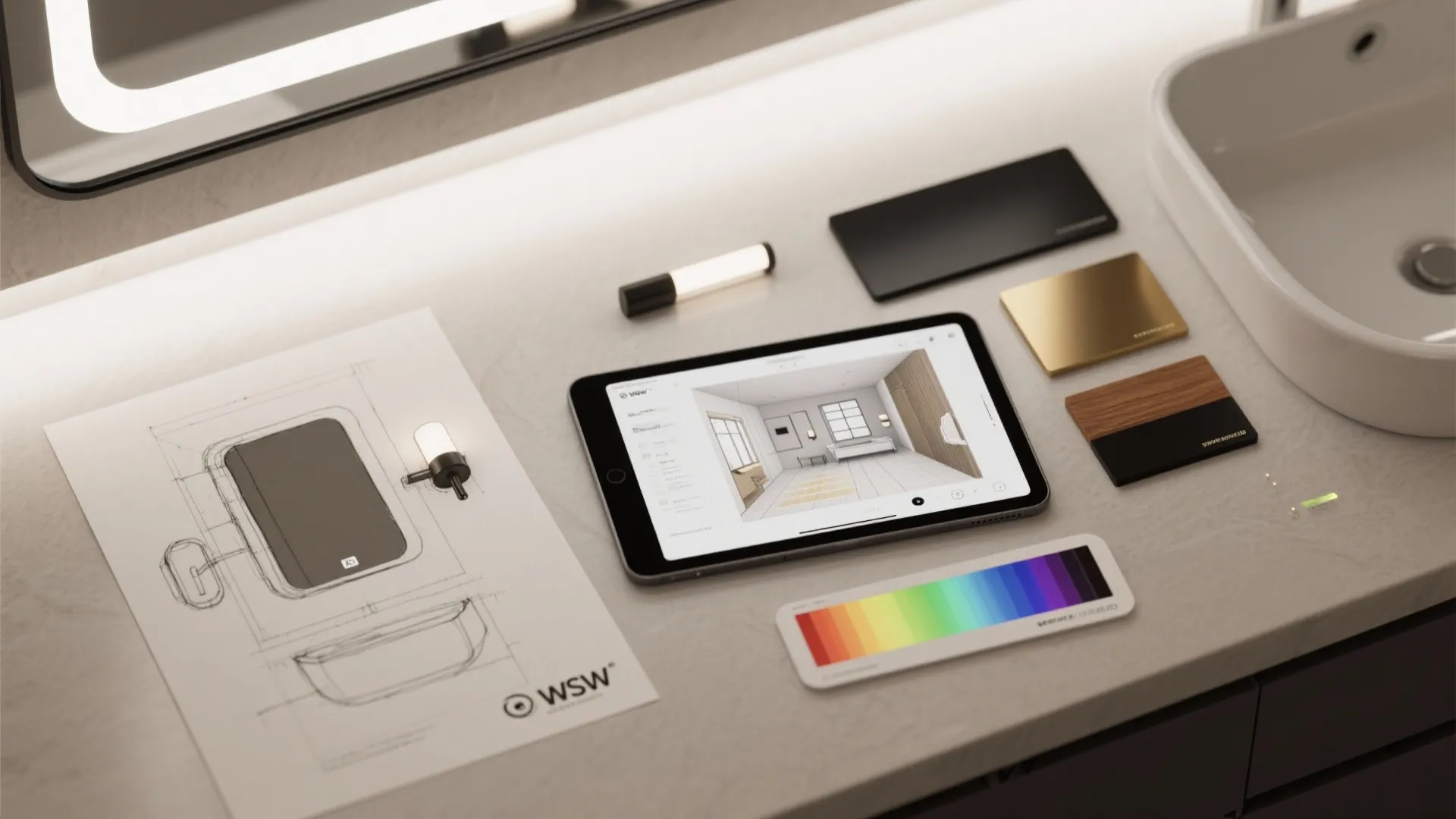Flatlay of a bathroom layout sketch, 3D planner on tablet, and lighting finish samples.
