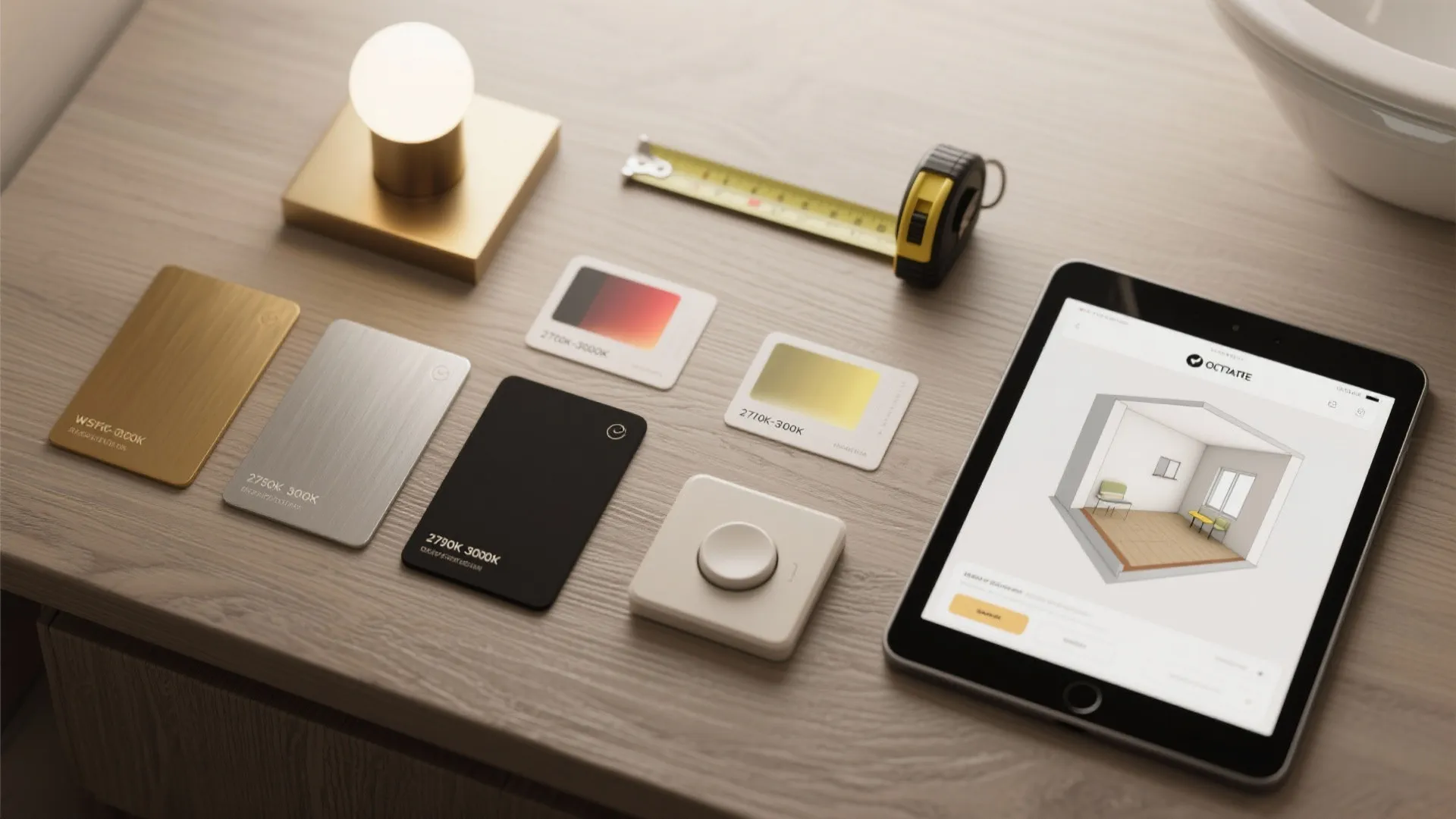 Interior design materials with color swatches, measuring tape, small light, and tablet showing room layout