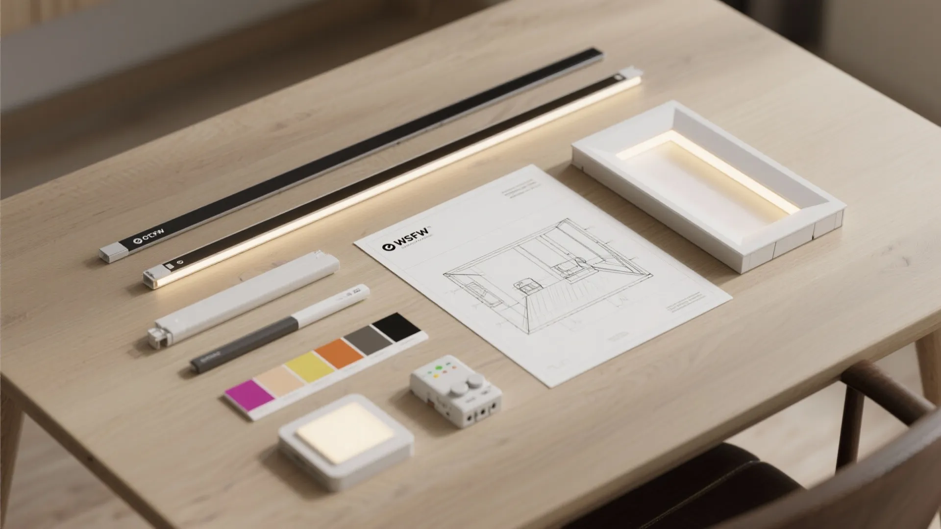 Flatlay of LED strips, fixture trims, swatches and a room planner sketch for wall grazing planning
