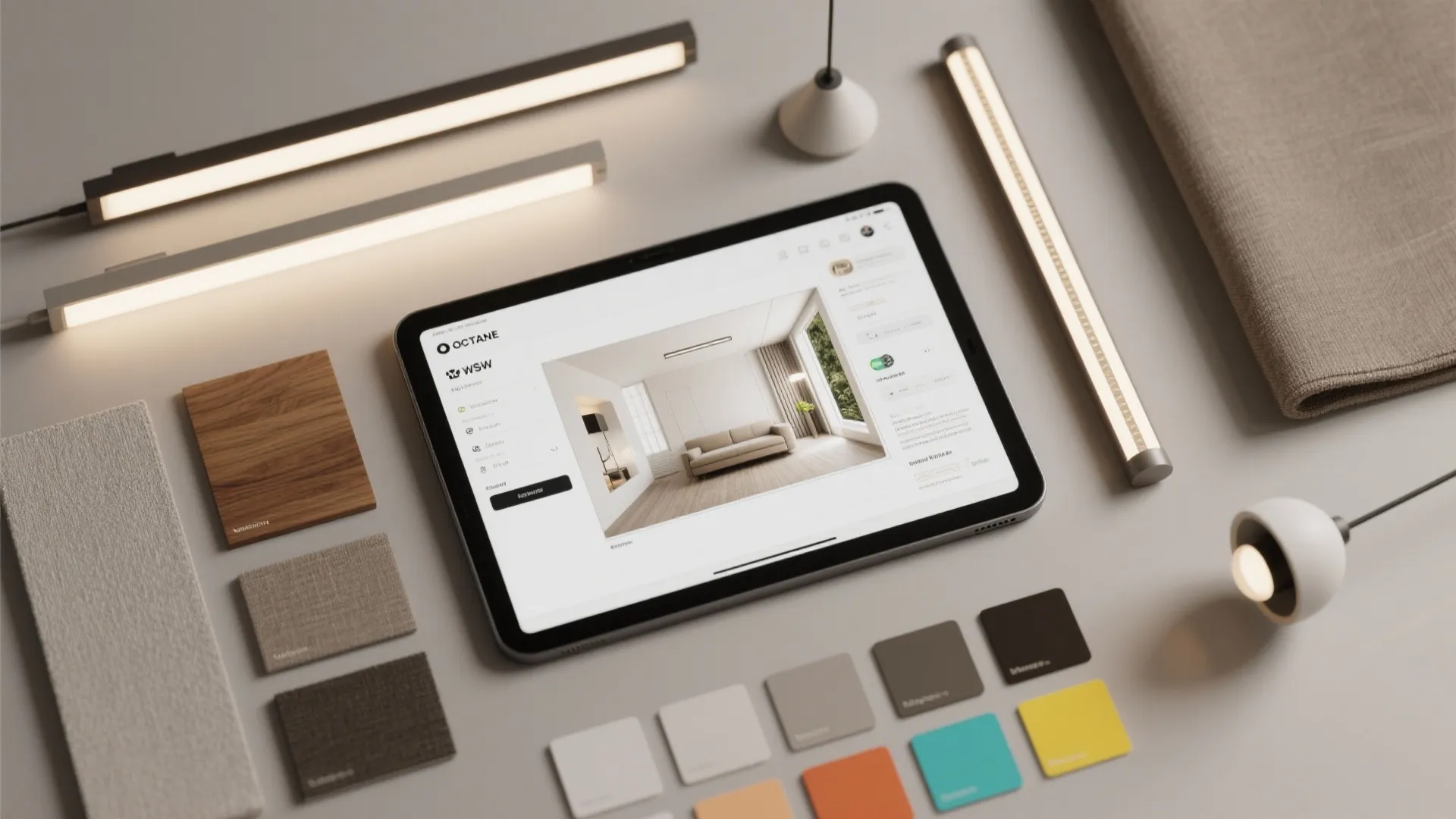 Flatlay showing a room planner on a tablet with lighting samples and material swatches