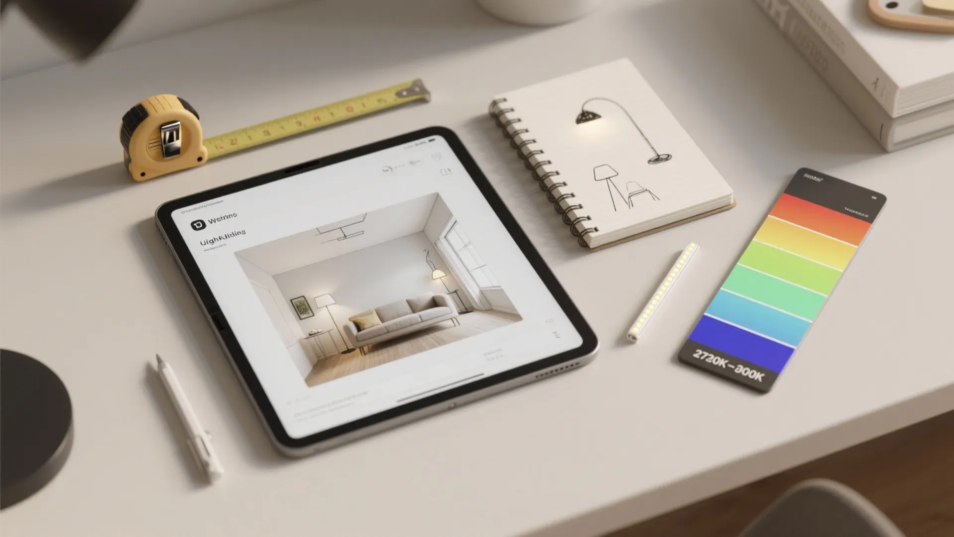 Flatlay of a room planner mockup on a tablet, tape measure, notebook sketches, LED strip sample and color swatches.