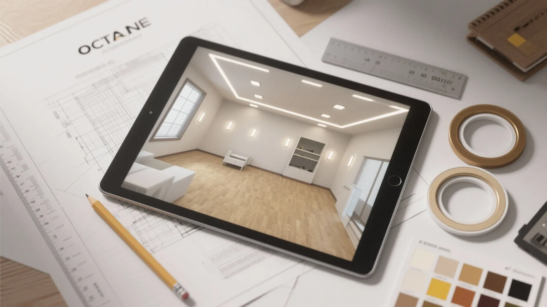 Flatlay of ceiling plan, ruler, tablet with 3D planner, and recessed trim samples for lighting layout.