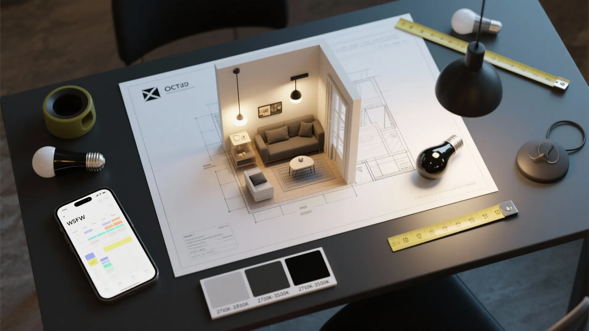 Top-down flatlay of a lighting planning session: drawings, 3D planner on phone, finish swatches and bulbs.