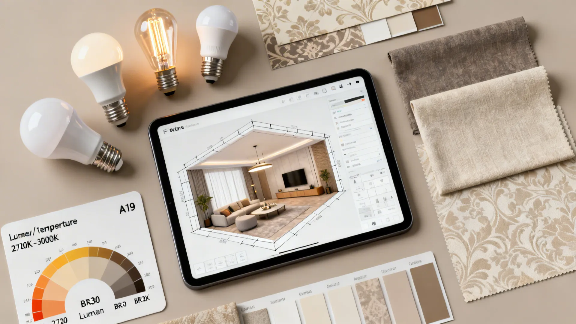 Flatlay of bulbs, fabric swatches, and a tablet showing a room planner for lighting layout