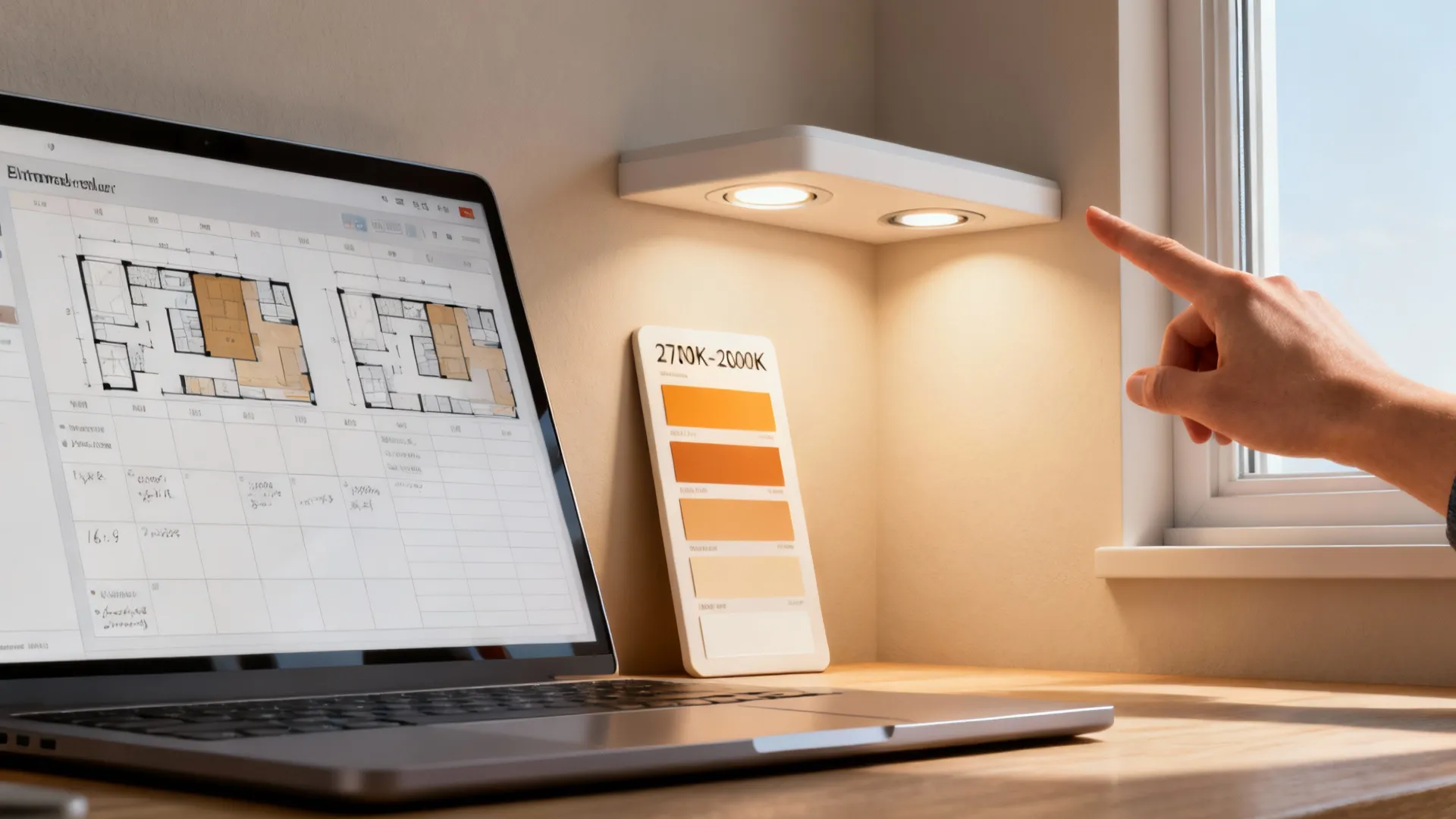 3D planner on laptop and warm color temperature swatches illustrating recessed lighting planning