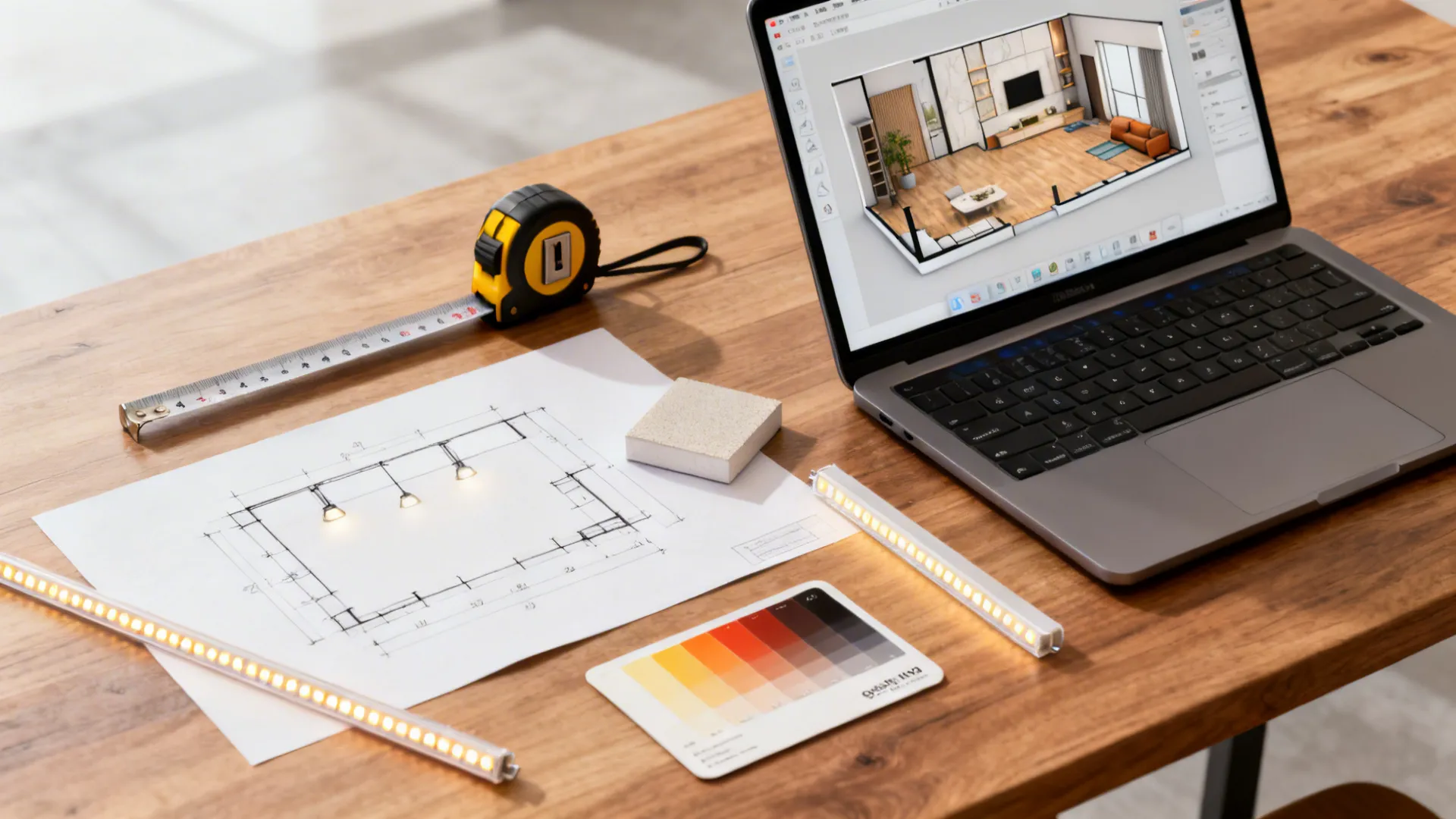 Flatlay of lighting planning tools: laptop floor planner, tape measure, LED sample, and color swatches.