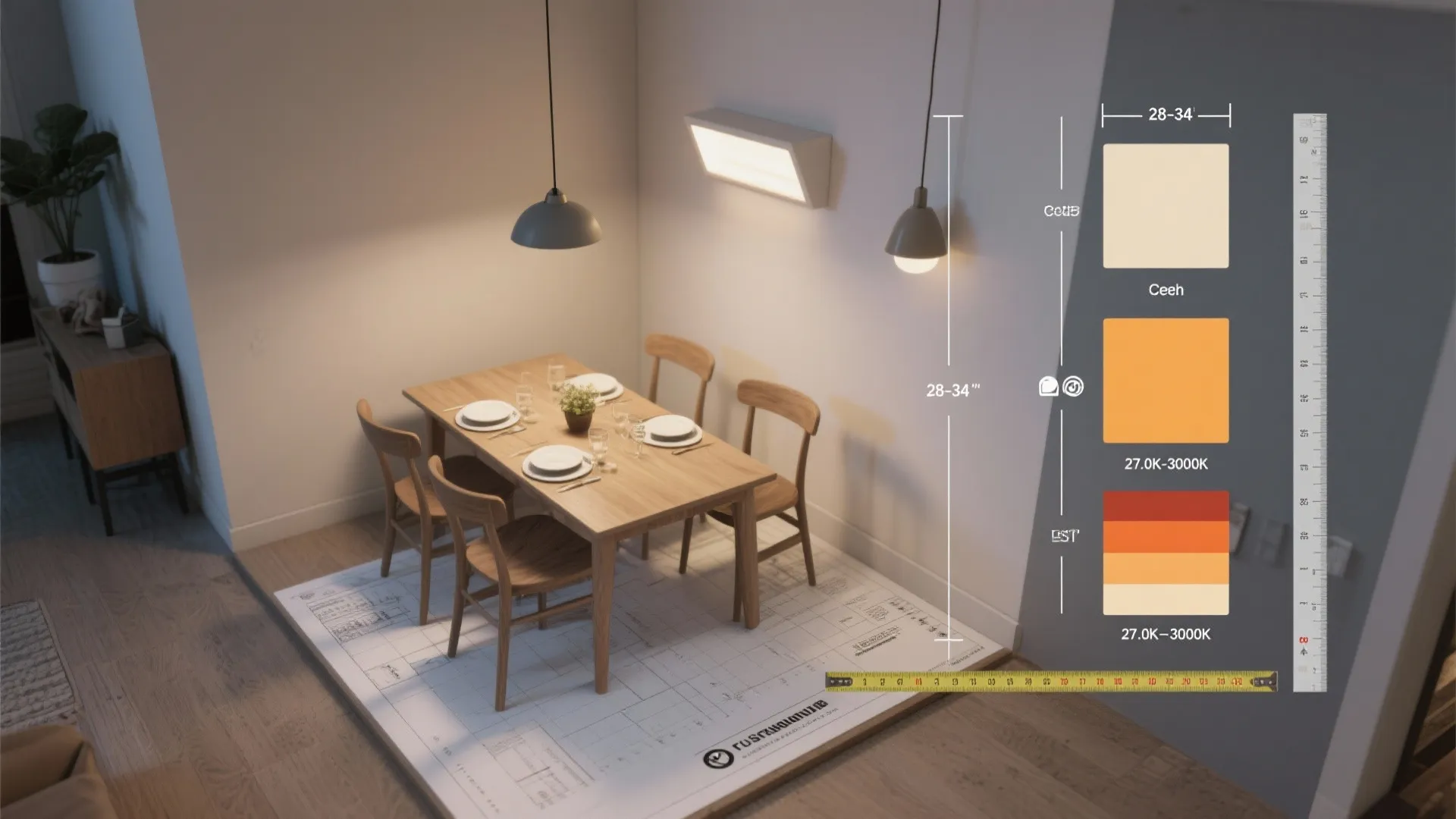 Top-down mockup of dining room lighting plan showing pendant heights and three-layer lighting layout.