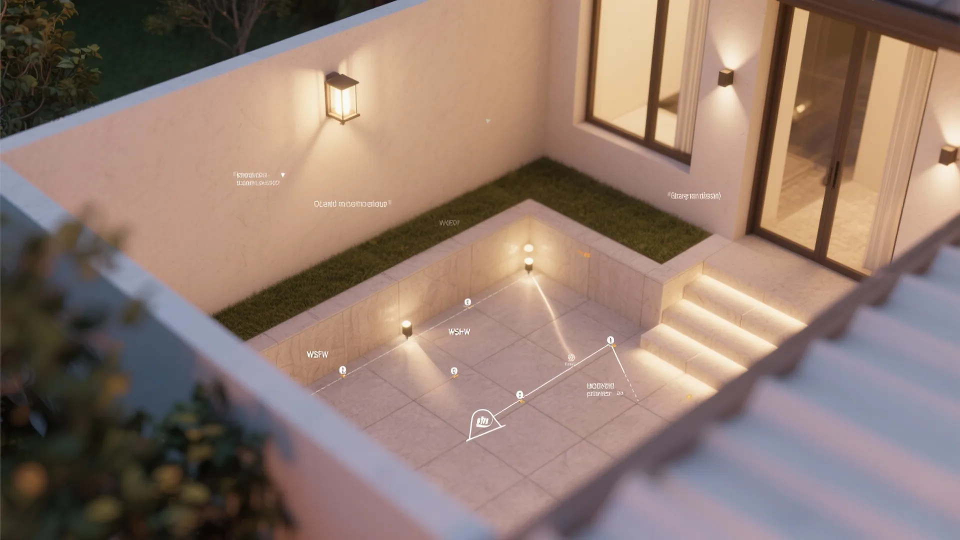Top-down 3D planner view showing suggested fixture positions for a small courtyard.