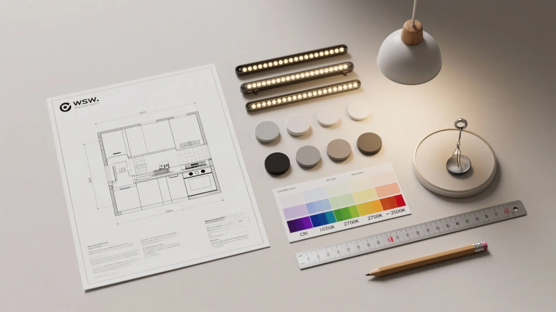 Interior design drawing with color swatches light fixtures ruler and pencil on a clean grey table