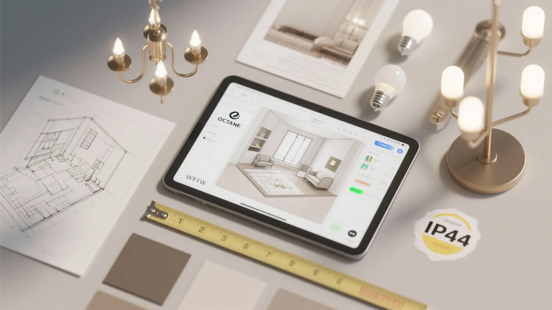 Interior design tools including a tablet showing room layout sketches plus light bulbs and ruler