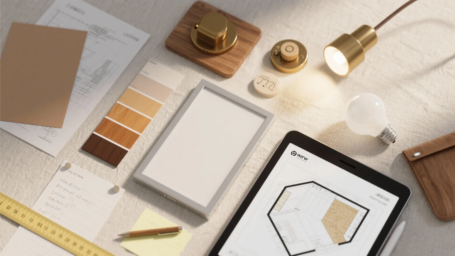 Top-down flatlay of lighting samples, bulb, dimmer and a 3D floor planner tablet for planning placements.