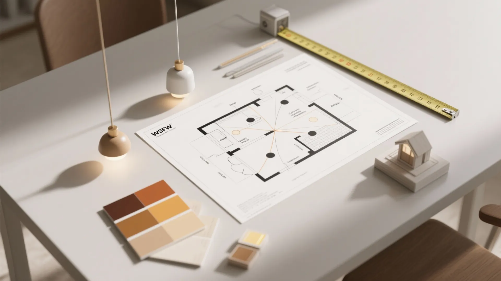 Interior design drawing on desk with tape measure color samples small house model and pencils