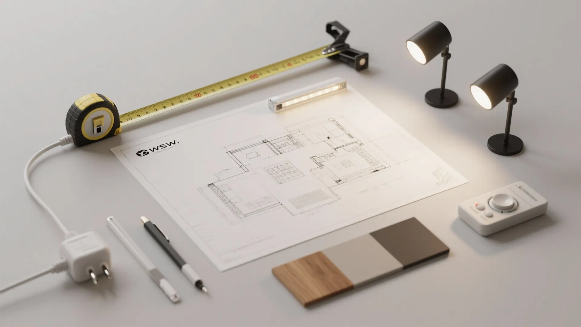 Flatlay of lighting planning tools including sketches, LED samples, clamp spotlights and dimmer for prototyping setups.