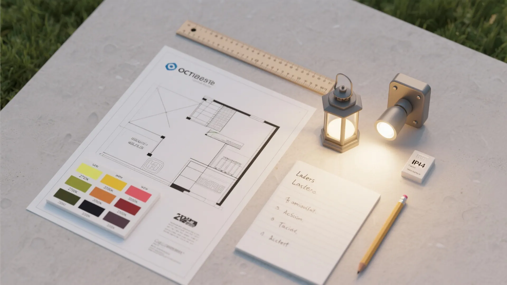 Interior design drawing with color swatches ruler small light fixtures pencil and notebook on table