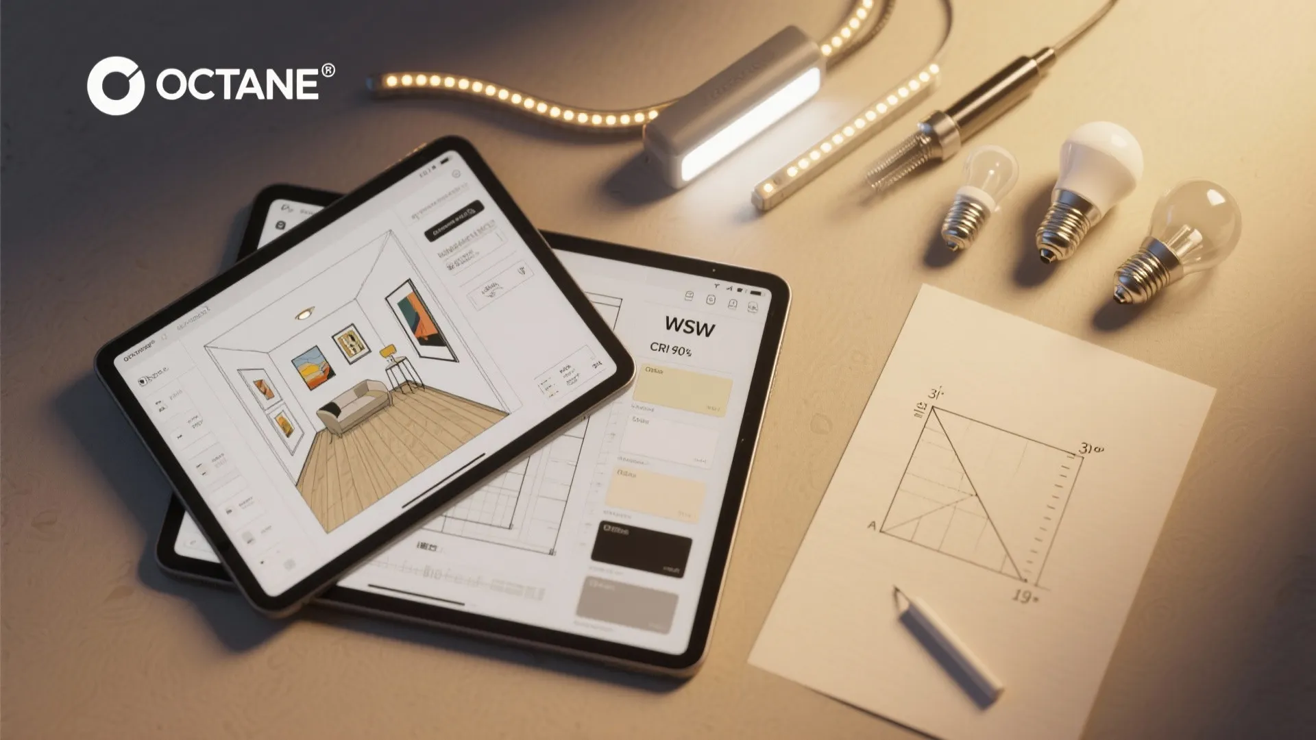 Top-down flatlay of lighting planning tools: sketches, tablet 3D planner, LED samples and CRI bulbs.