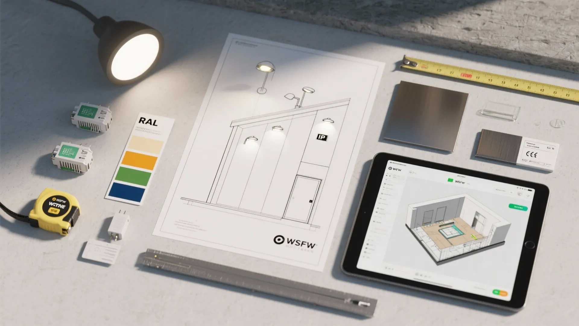 Interior design drawing with tablet showing room layout plus measuring tape and color swatch tools