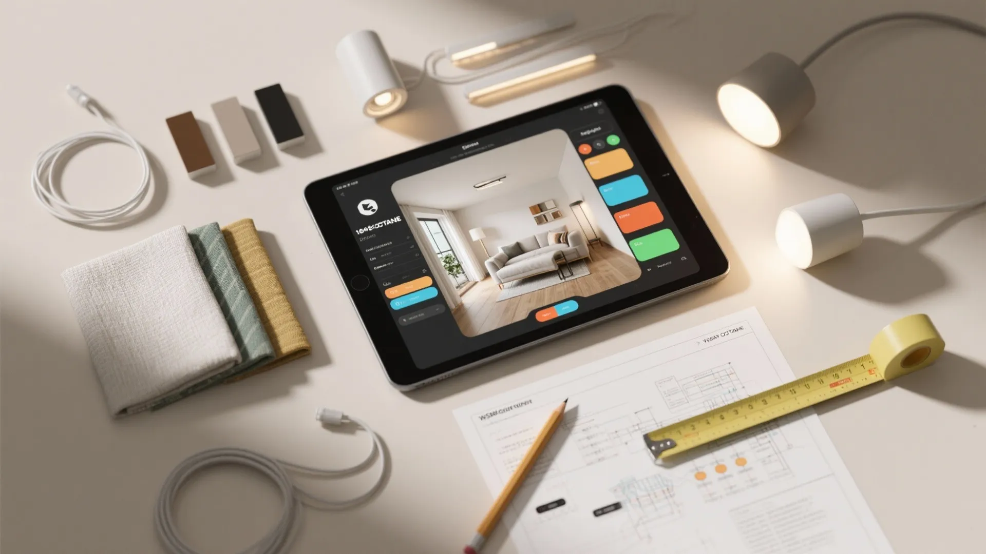 Interior design tools with tablet showing living room plan plus light fixtures and measuring tape