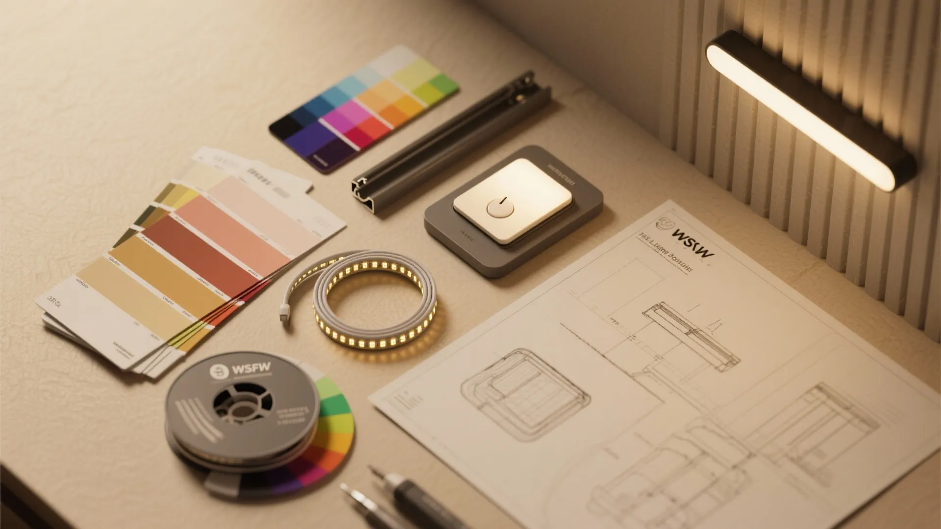 Flatlay of lighting planning tools including color swatches, dimmer sample, LED strip and cable channel.