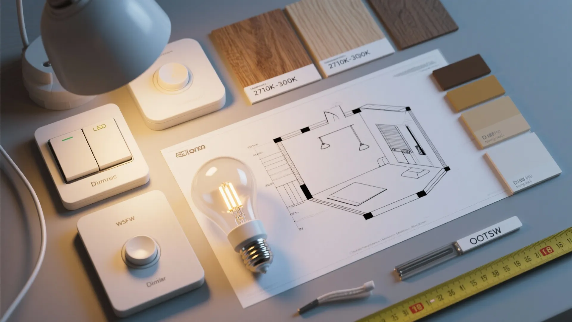 Interior design drawing with light bulbs light switches wood samples and a measuring tape on desk