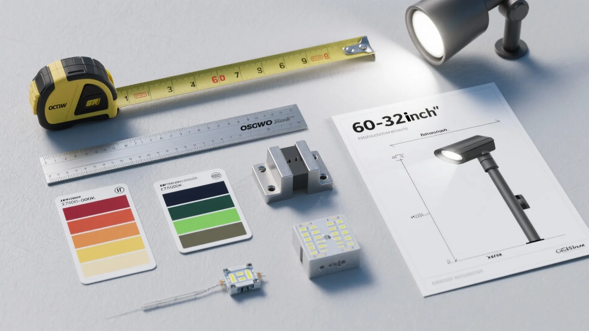 Flat lay of measuring tape metal ruler color samples light bulb and interior design drawing documents