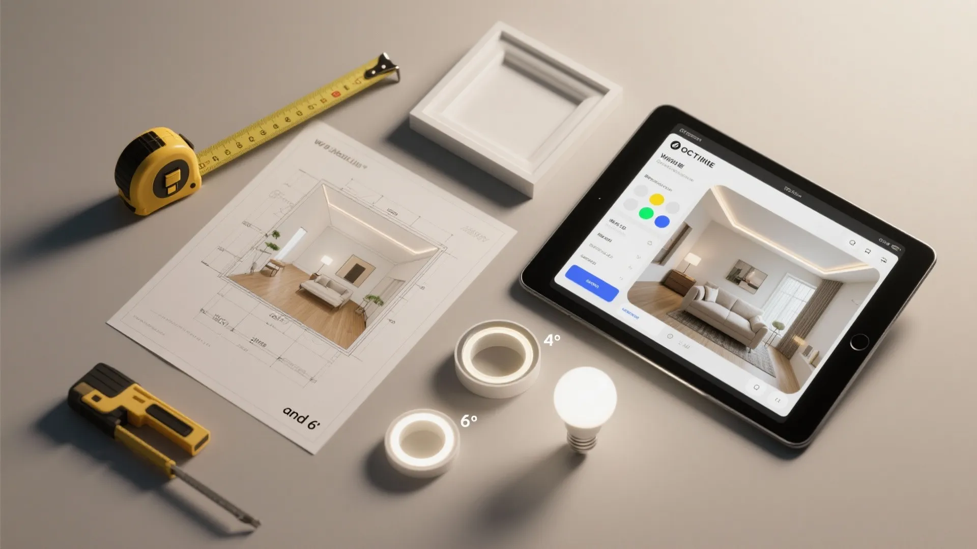 Lighting planning tools including tablet with interior design drawing tape measure and small light bulbs