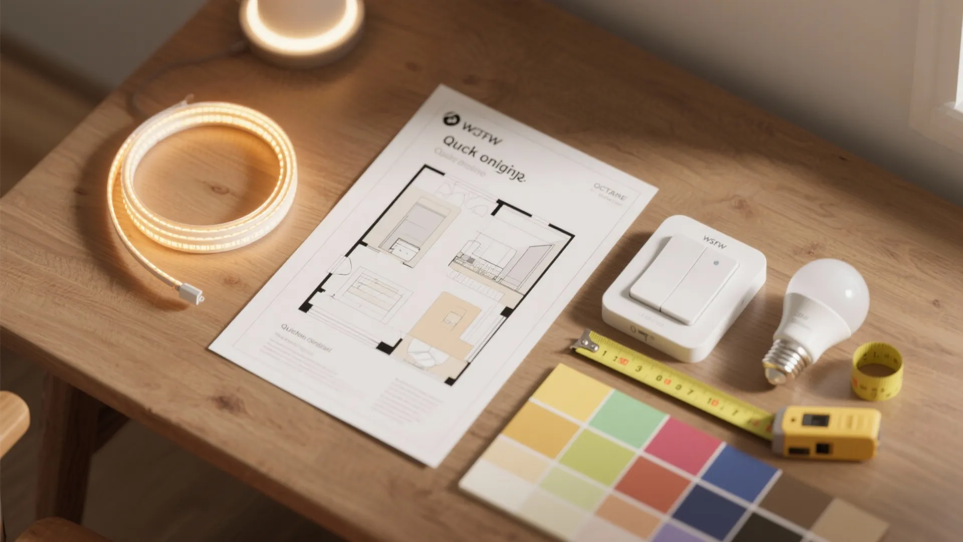 Flatlay of floor plan, LED strip sample, dimmer module and smart bulb for planning small-room lighting.
