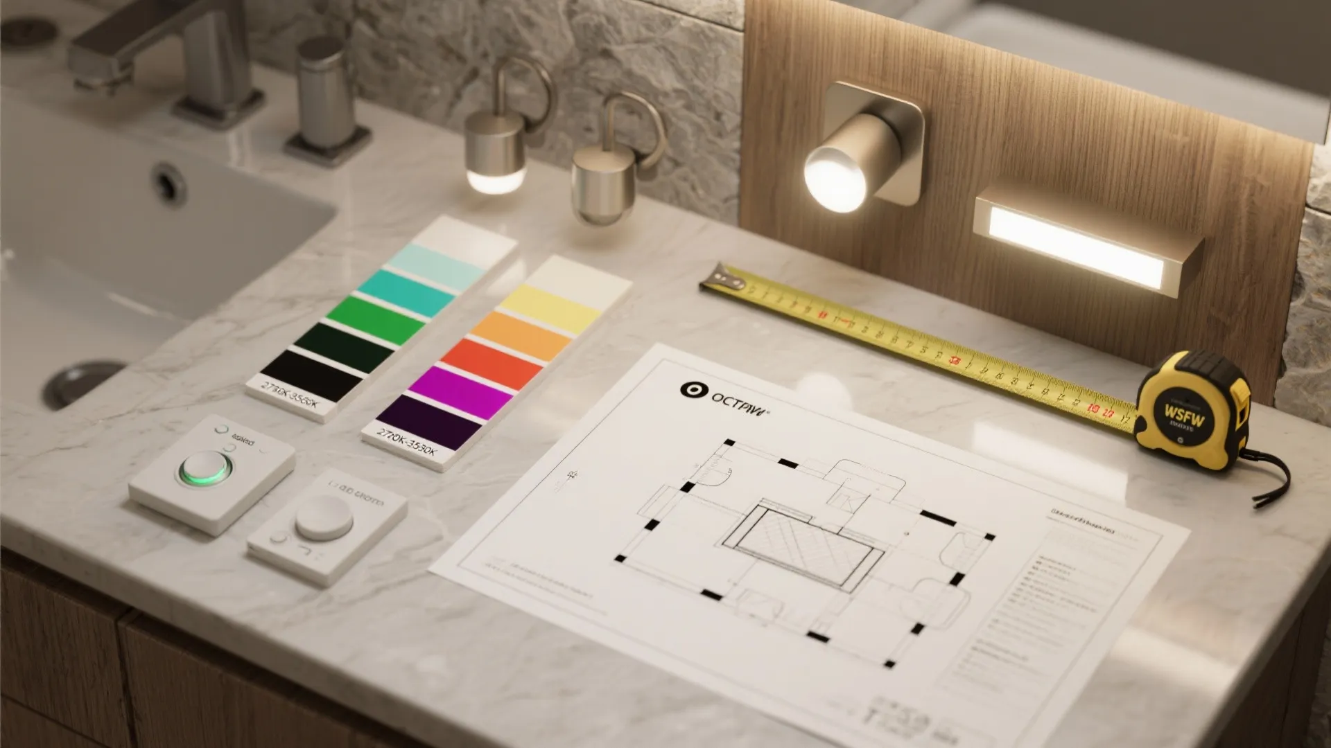 Flatlay of LED temperature swatches, dimmer, tape measure and floorplan for bathroom lighting planning