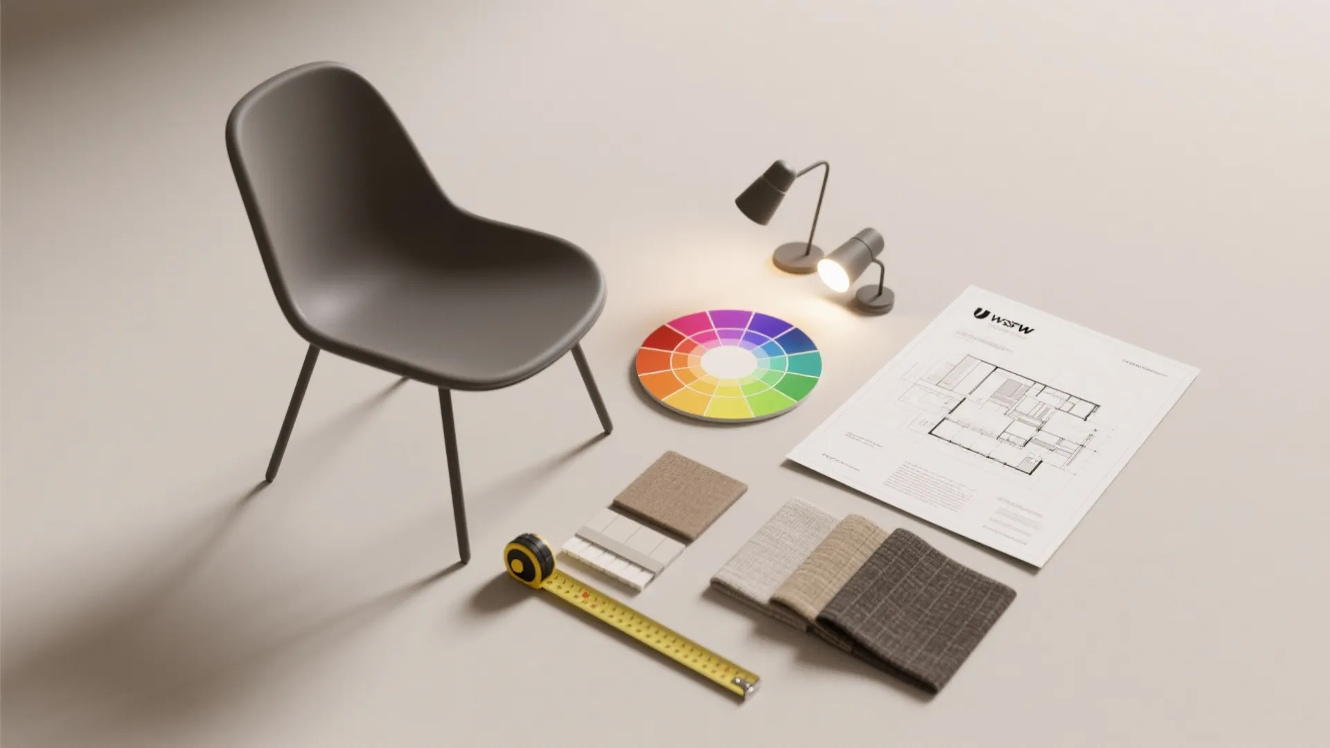 Interior design floor plan with color wheel chair fabric samples tape measure and desk lamps