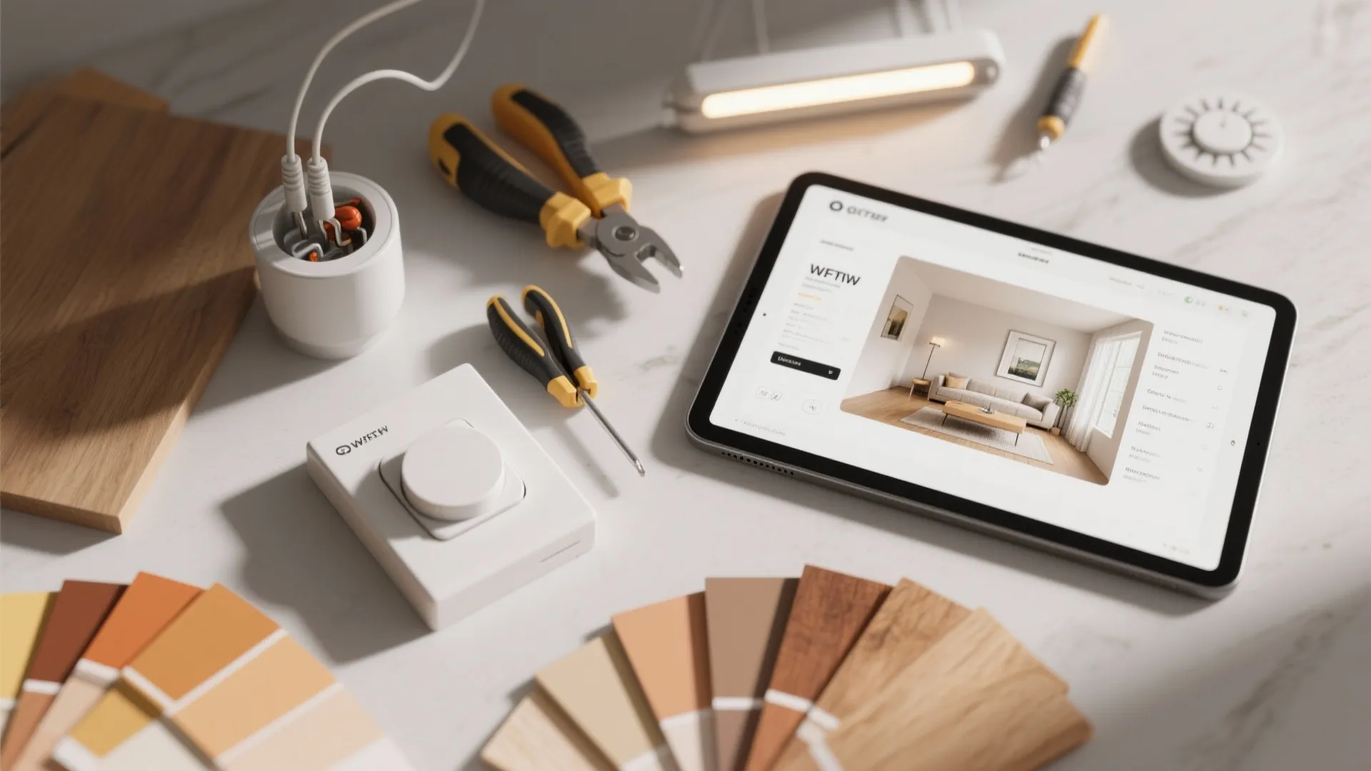 Flatlay of interior design tools including color swatches tablet showing living room and light fixtures