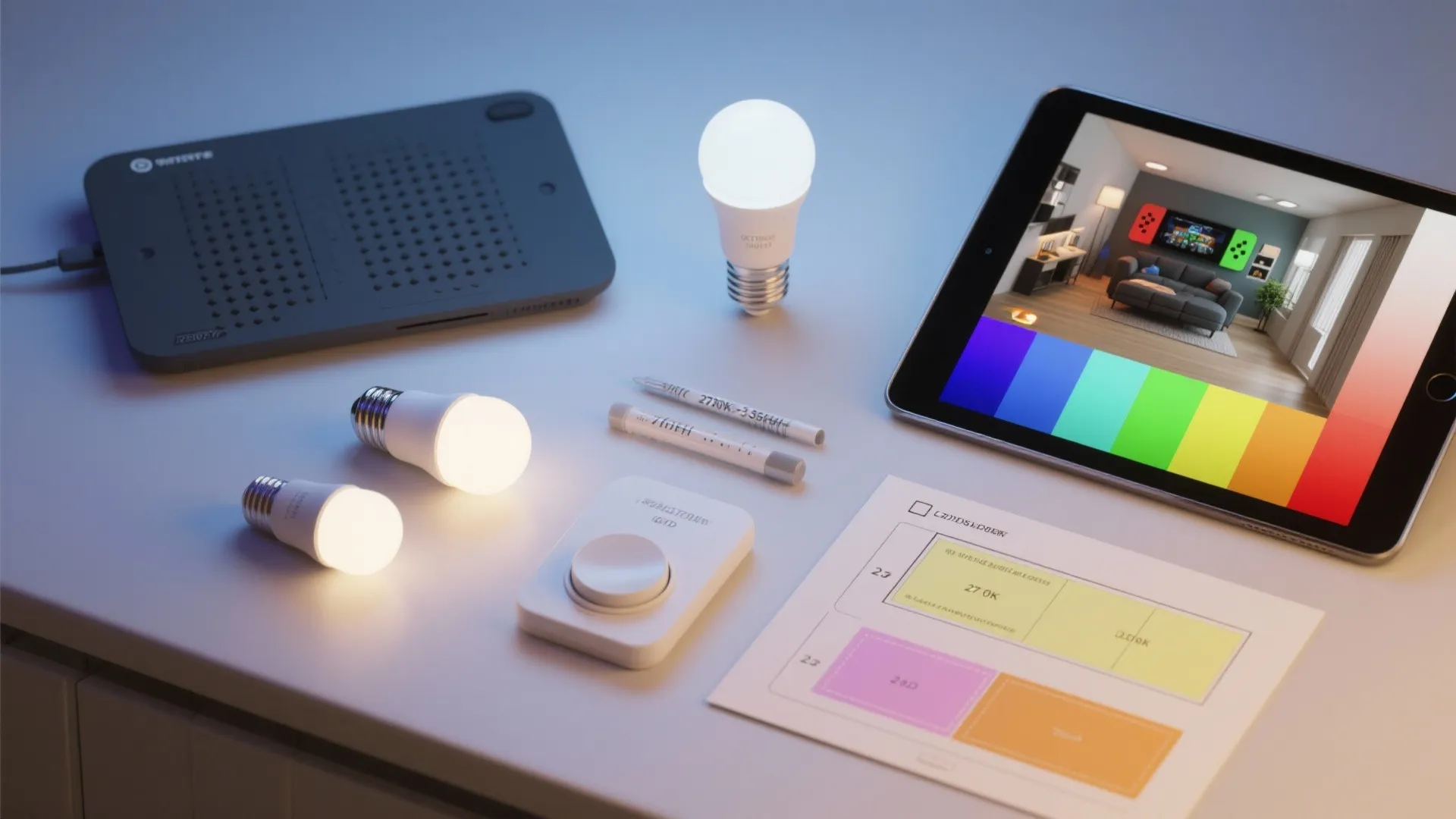 Table with smart light bulbs a digital tablet showing room design and lighting control planning tools