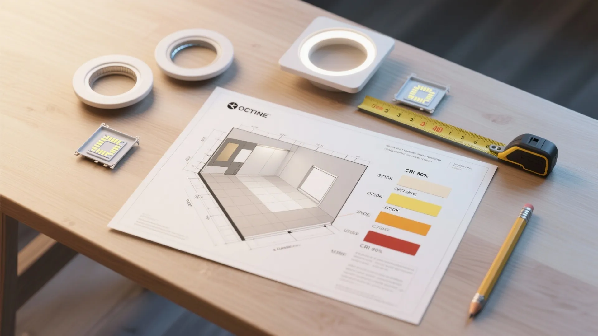 Flatlay of a lighting planning kit with trim samples, LED swatches, and 3D planner printouts.