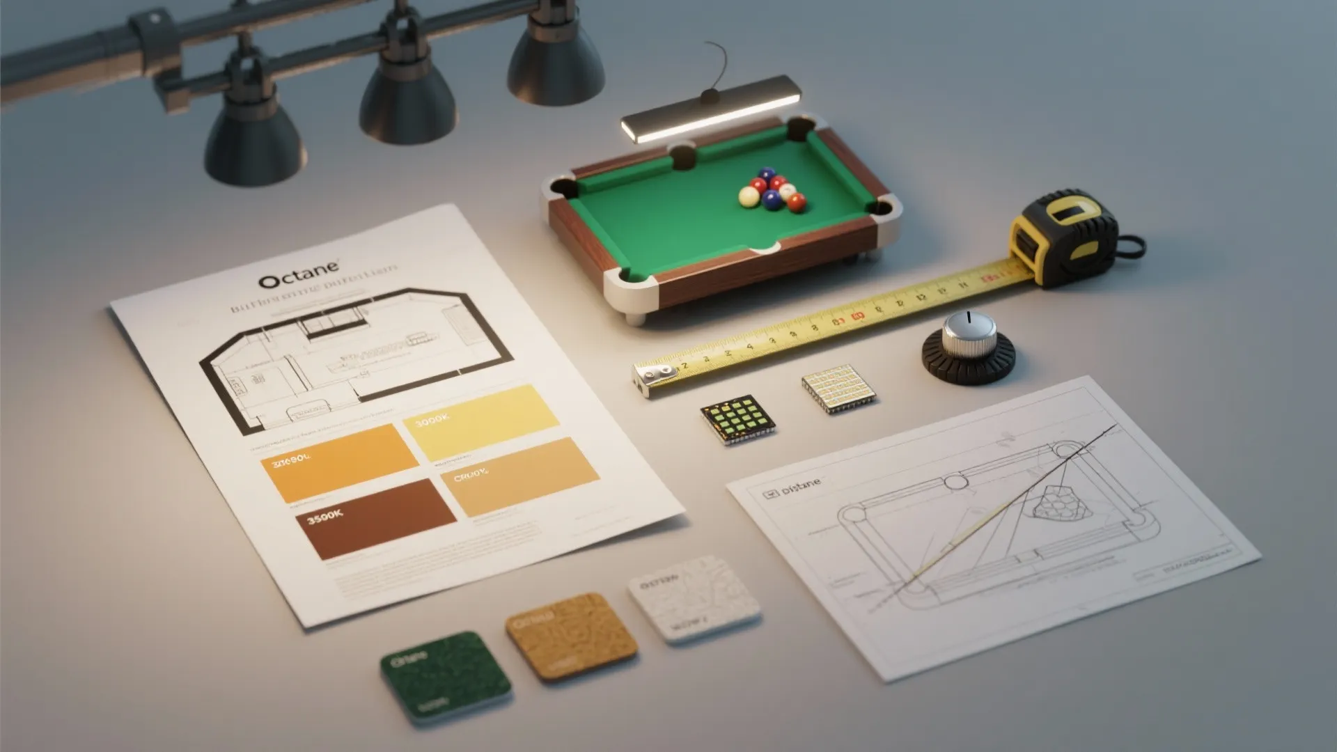 Flatlay of interior design drawing color samples tape measure and miniature pool table with light fixtures