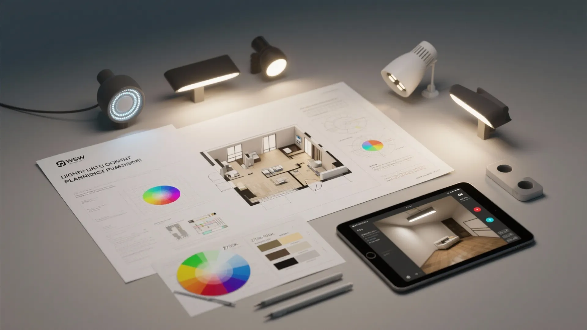 Flatlay of 3D floor plan, photometric data, fixture samples, and color temperature swatches for lighting planning.
