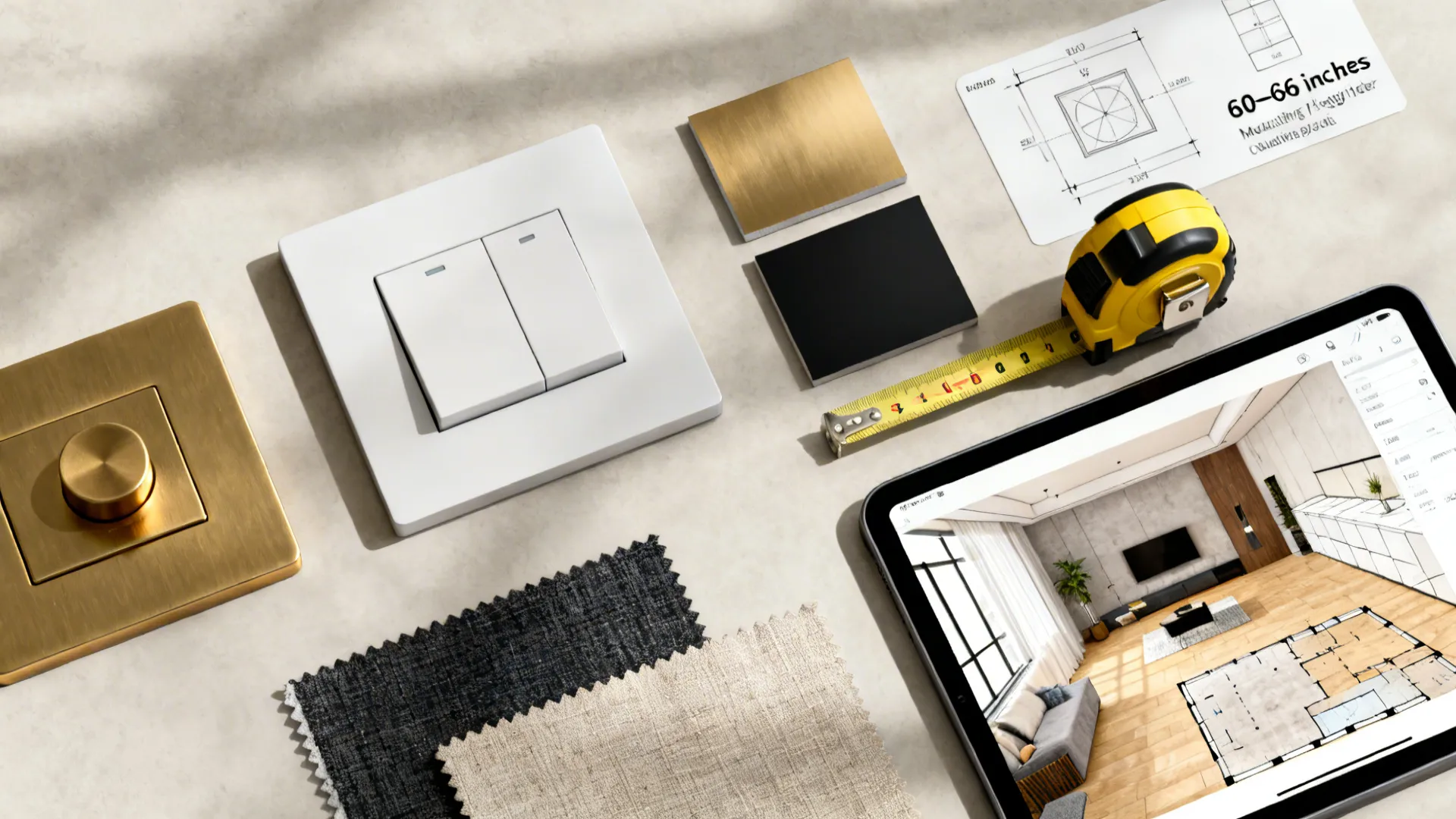 Flatlay of lighting planning tools including dimmer, finish samples, tape measure and a 3D planner on tablet.