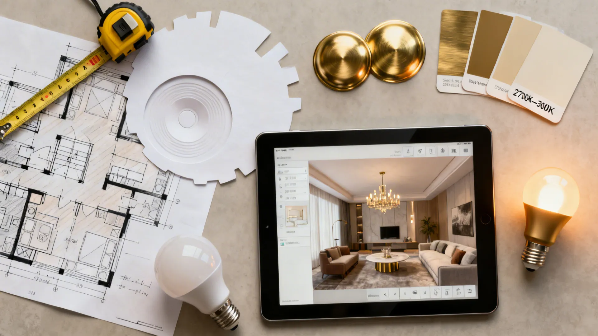 Top-down flatlay of lighting planning tools, material swatches, and a room planner tablet for chandelier layout testing.