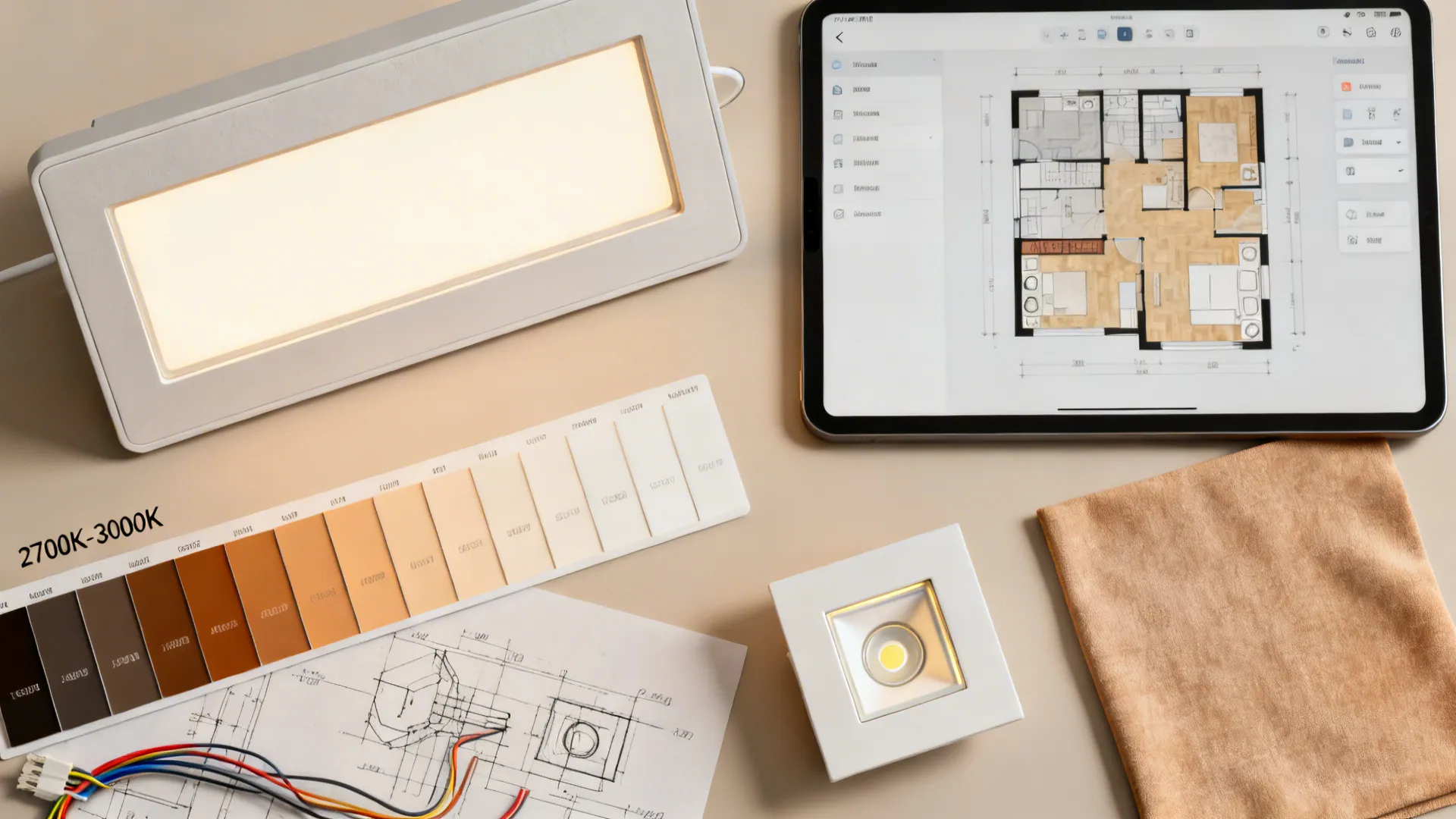 Flatlay of dimmable fixture samples, 2700-3000K swatches and a floor planner on tablet.