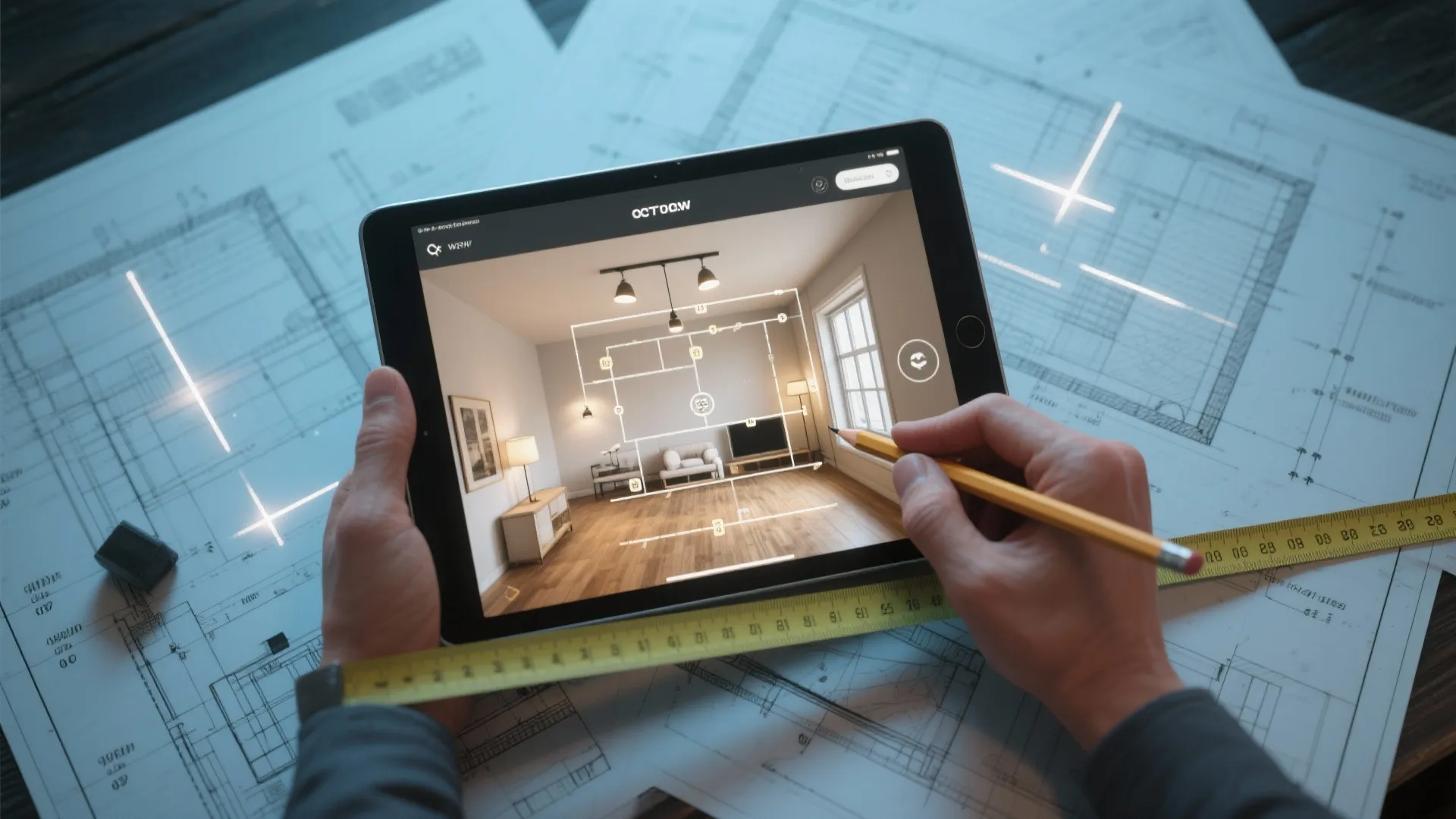 Person holding tablet showing living room design layout with furniture over blueprints and measuring tape