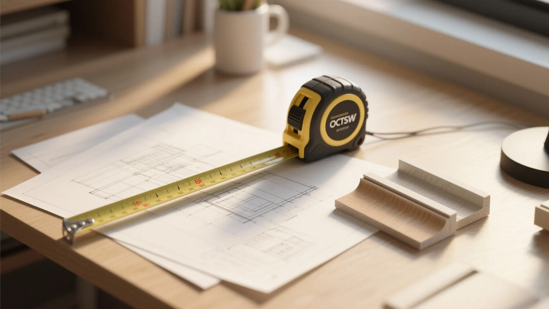 Tape measure resting on interior design drawing with wooden samples on a light wood desk